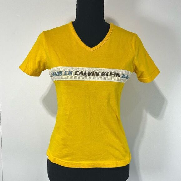 Calvin Klein Jeans Semi-Crop Yellow V-Neck Top Size M Women’s Yellow Logo - Picture 1 of 11